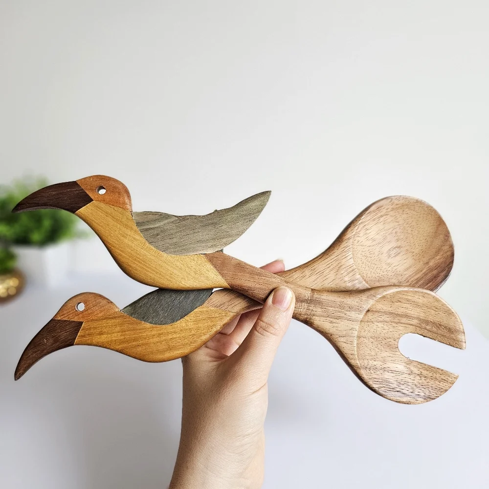 Handcarved Tribal Wooden Bird-Shaped Fork Spoon Rustic Serving Servers
